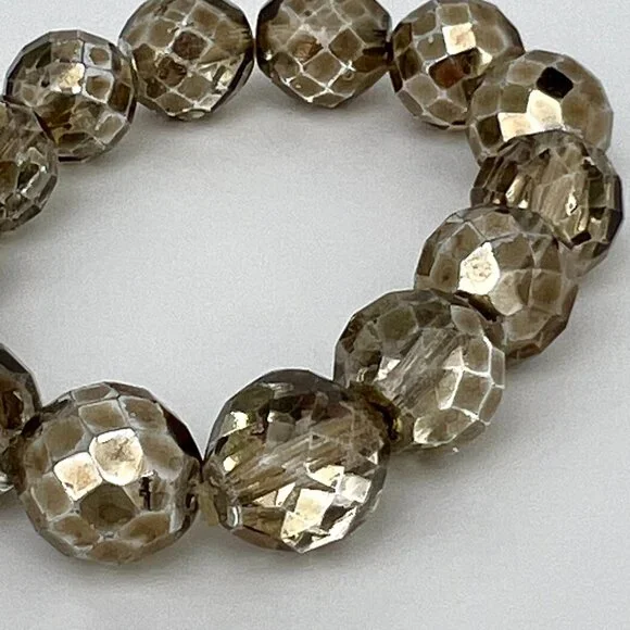 Faceted Czech Glass Fire Polished Gray Gold Crystal Chunky Bead Stretch Bracelet - Picture 4 of 16